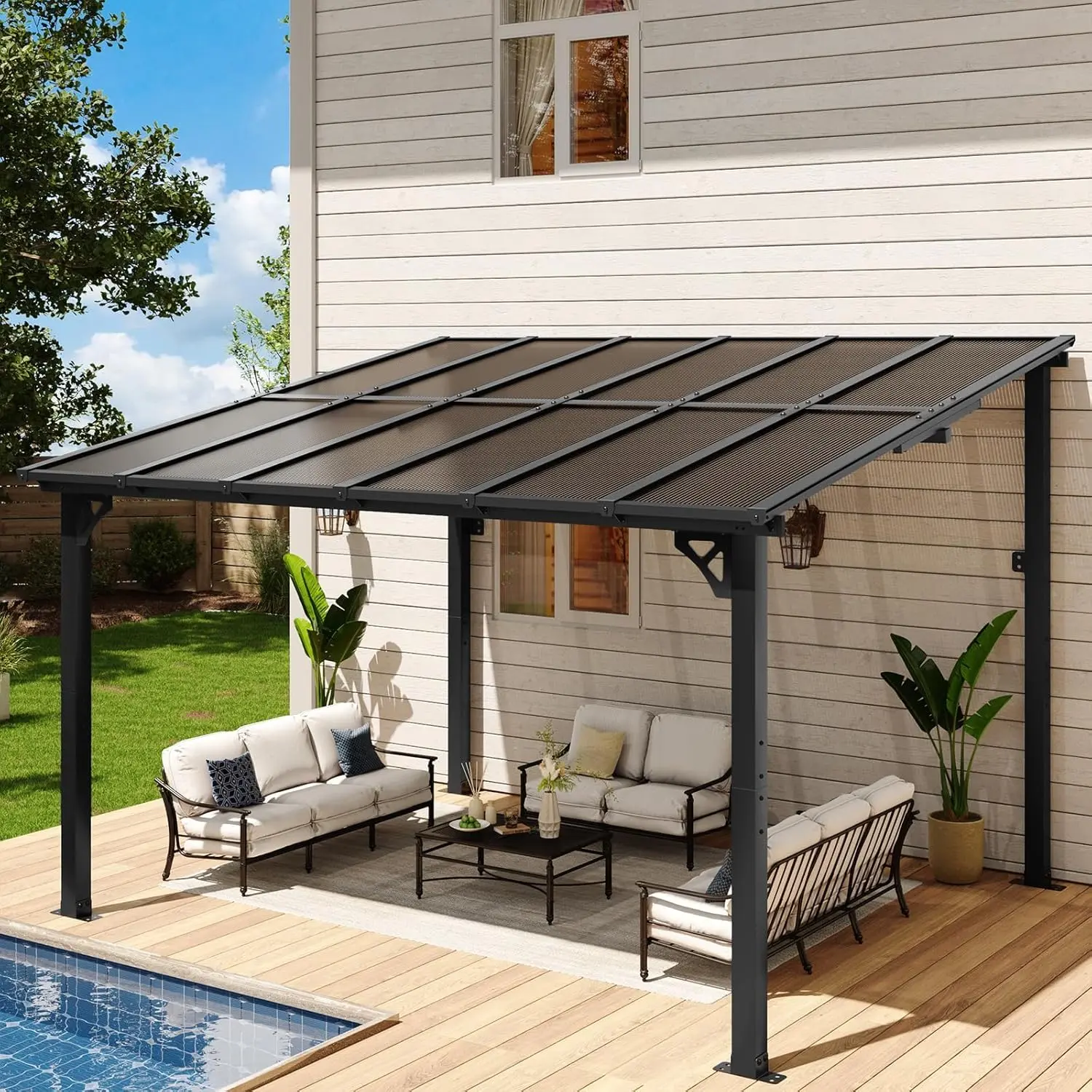 Aoxun Lean-to Gazebo - Multiple Sizes Hardtop Pergola with Steel & Aluminum Frame - Wall-Mounted Outdoor Awning for Patio & Backyard - 8FT x 5FT to 14FT x 10FT - UV-Protective & Weather-Resistant Interlocking