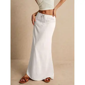 Women's White Maxi Skirt - Minimalist Drawstring Linen Fabric, Regular Fit, Casual Style, All Seasons Bottoms for Home Wear Womenswear Polyester