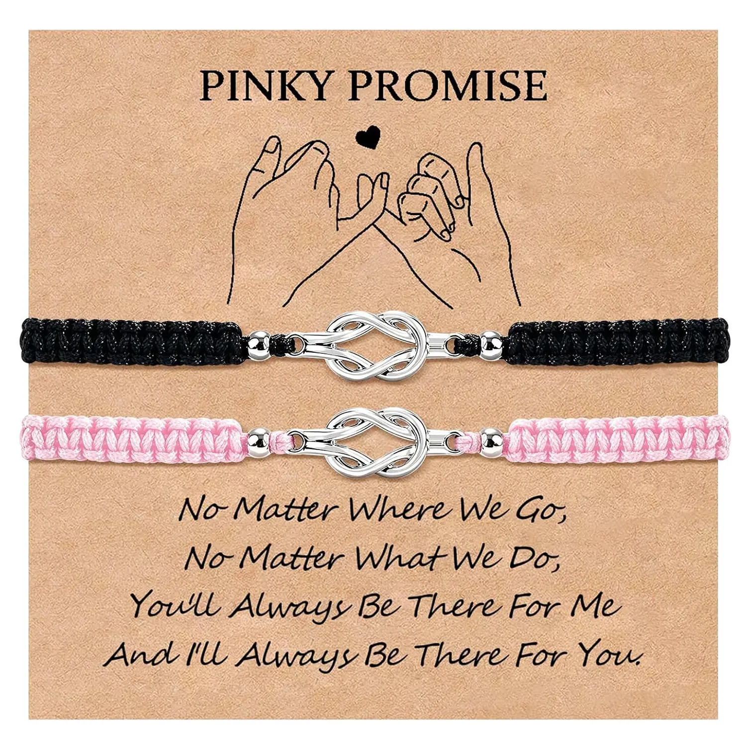 Unisex Nylon Blend Infinity Knot Bracelets - 2pcs Matching Set, Black & Pink BF & GF Long-Distance Anniversary Gifts for Boyfriend/Him/Her, Casual Fashion Accessory