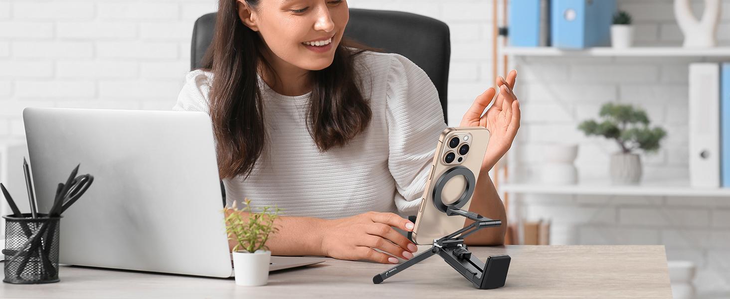 OMOTON Magnetic Phone Tripod Stand -TP02 Foldable Travel Mount with 360 Rotating Shaft Adjustable Ring Grip Selfie Stick Clamping Mount & Hook for Desk Airplane Luggage Outdoor Smartphone Cell Phone Holder