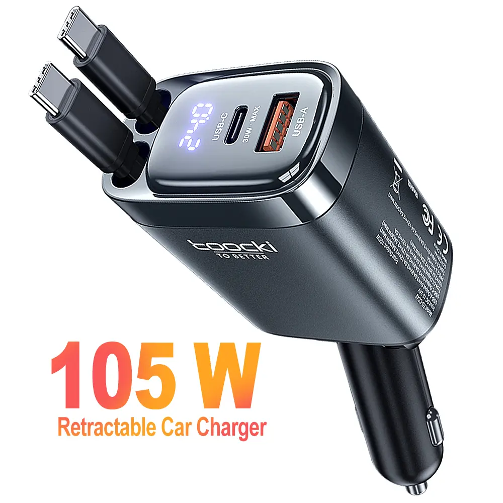 Toocki 105W Max LED Display Retractable PD Smart Car Charger with Dual Type-C Cables, Portable External USB-C Adapter for Super Fast Charging iPhone 16/15 Pro Max, Samsung Galaxy S25/S24, Android Devices,back to school,back to school haul