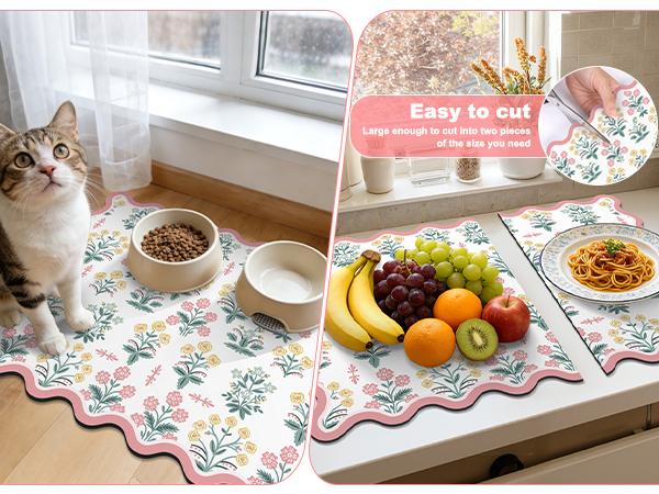 LOKHOM Scalloped Floral Dish Drying Mat for Kitchen Counter, 18"x24" Absorbent Coffee Bar Mat with Vintage Sage Flower Herbs, Dish Drainer Rack Mat for Kitchen Counter Coasters Tableware Colorful