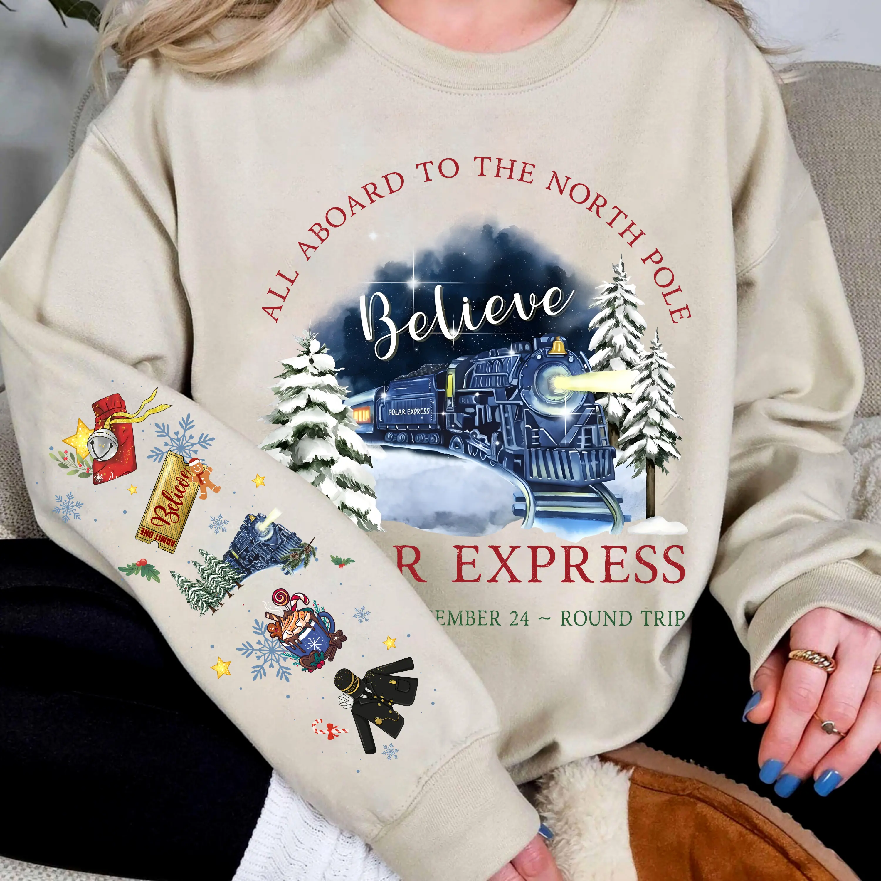 Polar Express Sweatshirt with Sleeve Printed, Believe Train Hoodie, North Pole T-Shirt, Polar Express Shirt, Gift For Holiday