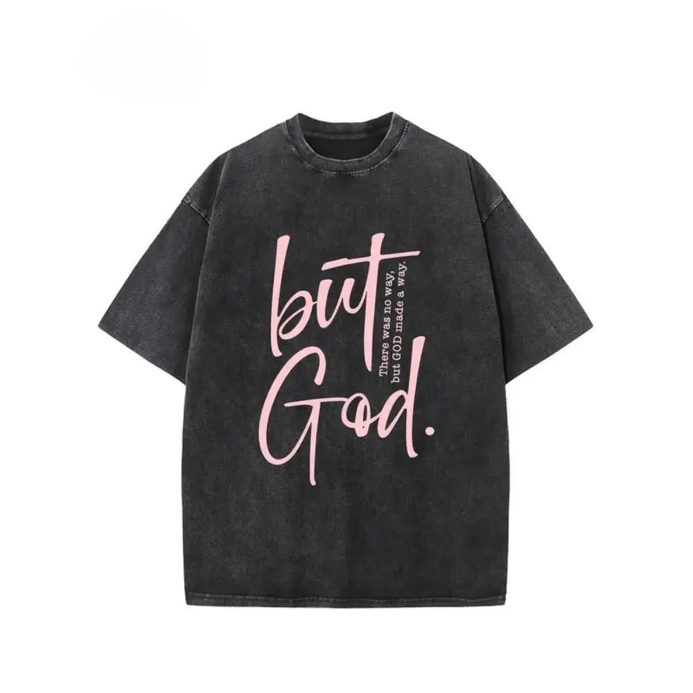 Vintage Creative Pattern 'There Is No Way But God Made A Way' Printed Washed T-shirt Heavy 230g Cotton Washed T-shirt Off-Shoulder T-shirt Men's Vintage Street T-shirt Basic T-shirt Loose Hip-Hop Unisex Top Washed Retro T-shirt