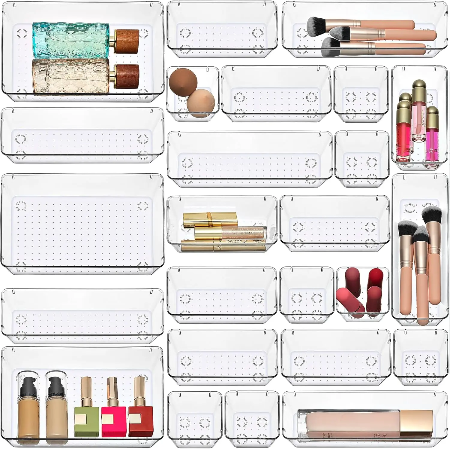 Masirs Clear Drawer Organizers Set 25 PCS – Plastic Storage Bins for Desk, Kitchen, Bathroom, Vanity – Modular, Stackable, Non-Slip Drawer Organizer Trays for Makeup, Utensils, Office Supplies