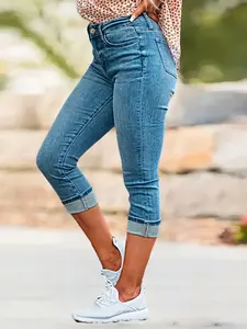 Vintage Plus Size Light Wash High Waist Cuffed Capri Jeans | Slim Fit, American Street Style, Daily Commute & Vacation Casual Pants For Women, Medium Stretch Fabric, Solid Color, Summer Season bow legged walk shorts 2 body wren sinclair skirt rubyana fall