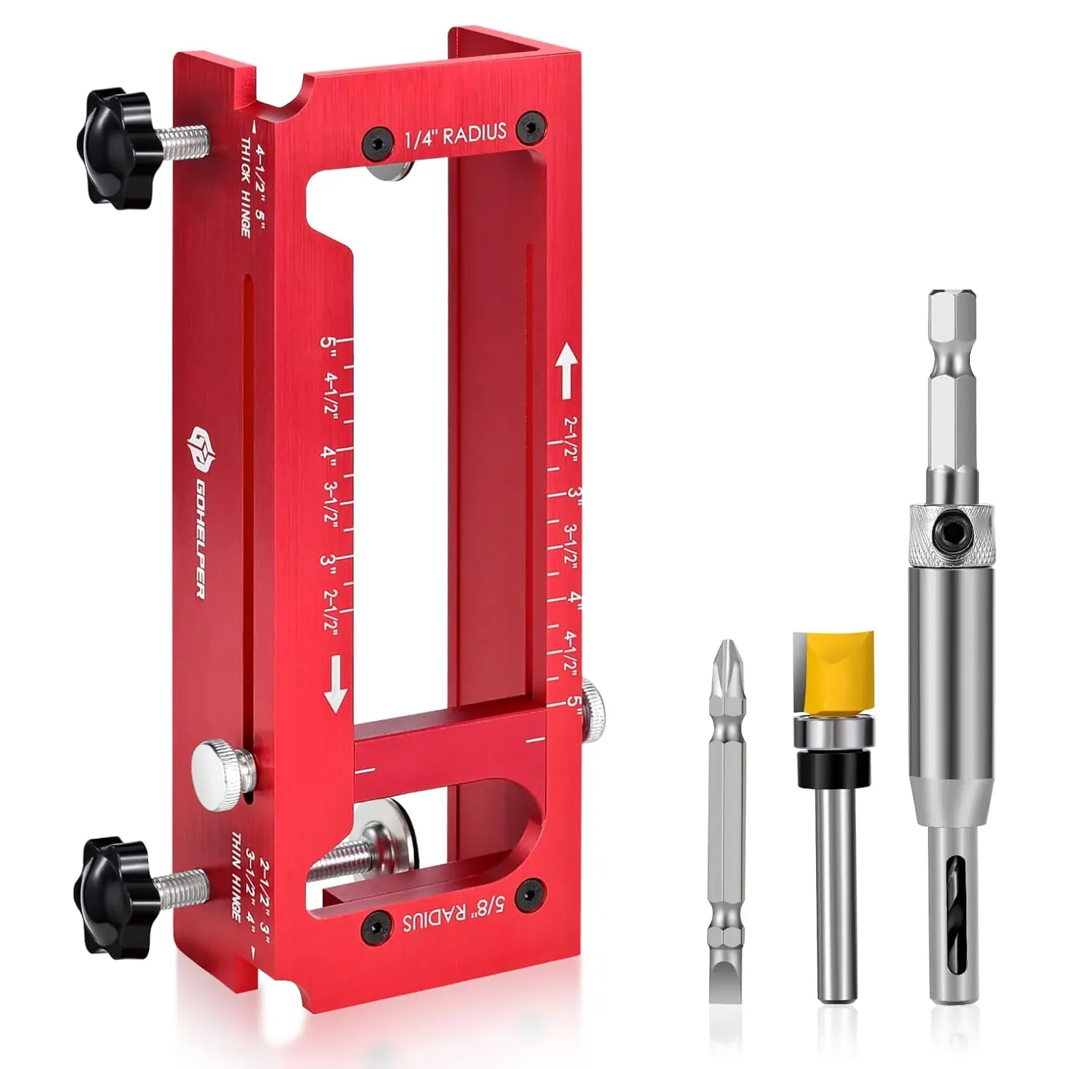 Gohelper Aluminum Alloy Door Hinge Jig with Built-in Depth Gauge & Double-Ended Screwdriver Bit, Router Mortise Template Kit for 2-1/2" to 5" Length Hinges (1/4" R, 5/8" R, Square Corner, Red)