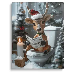 Christmas Bathroom Canvas Wall Art Decor - Reindeer Reading Newspaper on Toilet with Festive Decor, Humorous Holiday Canvas Art for Bathroom, Unique Christmas Gift for Friends and Family