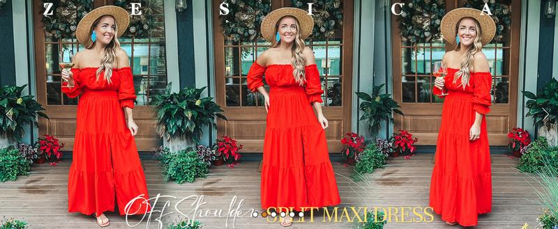 ZESICA Women's 2025 Boho Sexy Off Shoulder Long Sleeve Smocked High Waist Side Split Flowy A Line Tiered Long Maxi Dress