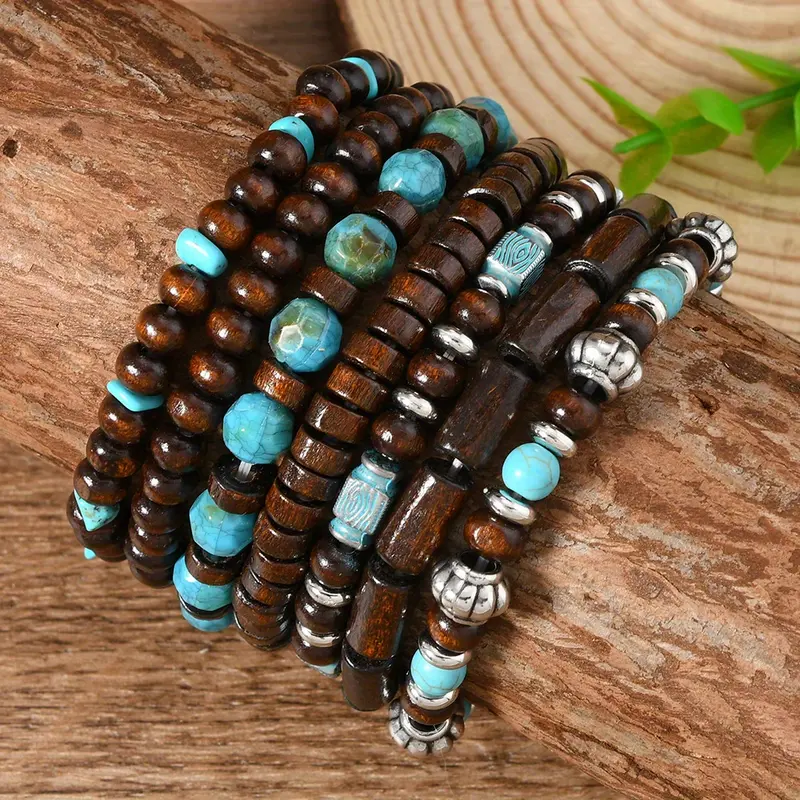 7Pcs Bohemian Retro Unisex Bracelet Set | Handmade Coconut Shell & Wood Beads with Turquoise Accents | Perfect for Daily Wear & Gift