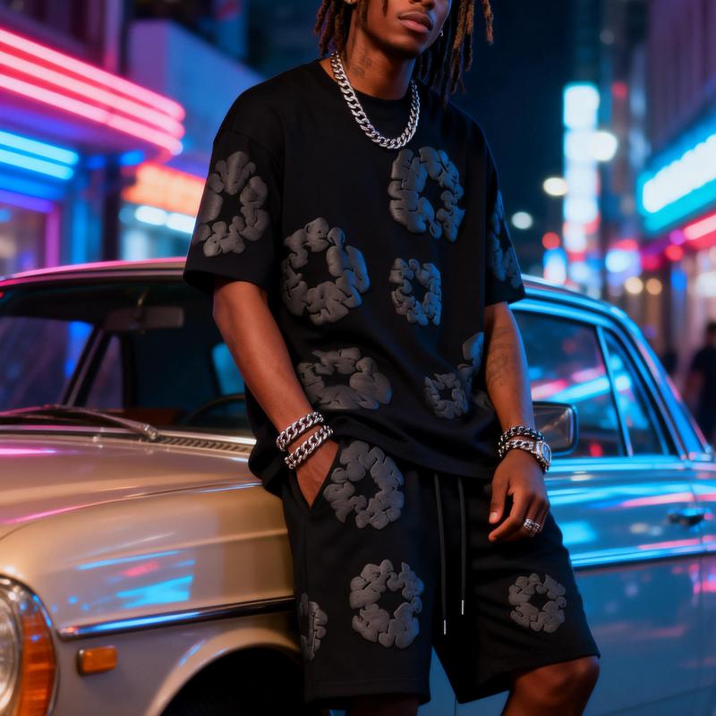 2026 Denim Tears Women's T-Shirt, Retro-style Men's Casual Loose Short-Sleeve Summer T-Shirt with Unique Print Design, High-Street Casual Women's Sport Shorts, Multi-Color Party Attire, Breathable, Loose-Fitting Unisex Set.