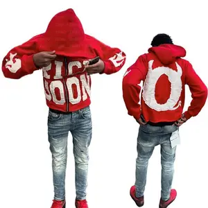 Letter Embroidery Printed Zipper Hoodie, Fun Pattern Men's Sweater, Red Men's Cardigan Sweater, Printed with "RICH SOON" funny hoodie oversized hoodie unisex menswear top casual human operator zip  up  hoodie