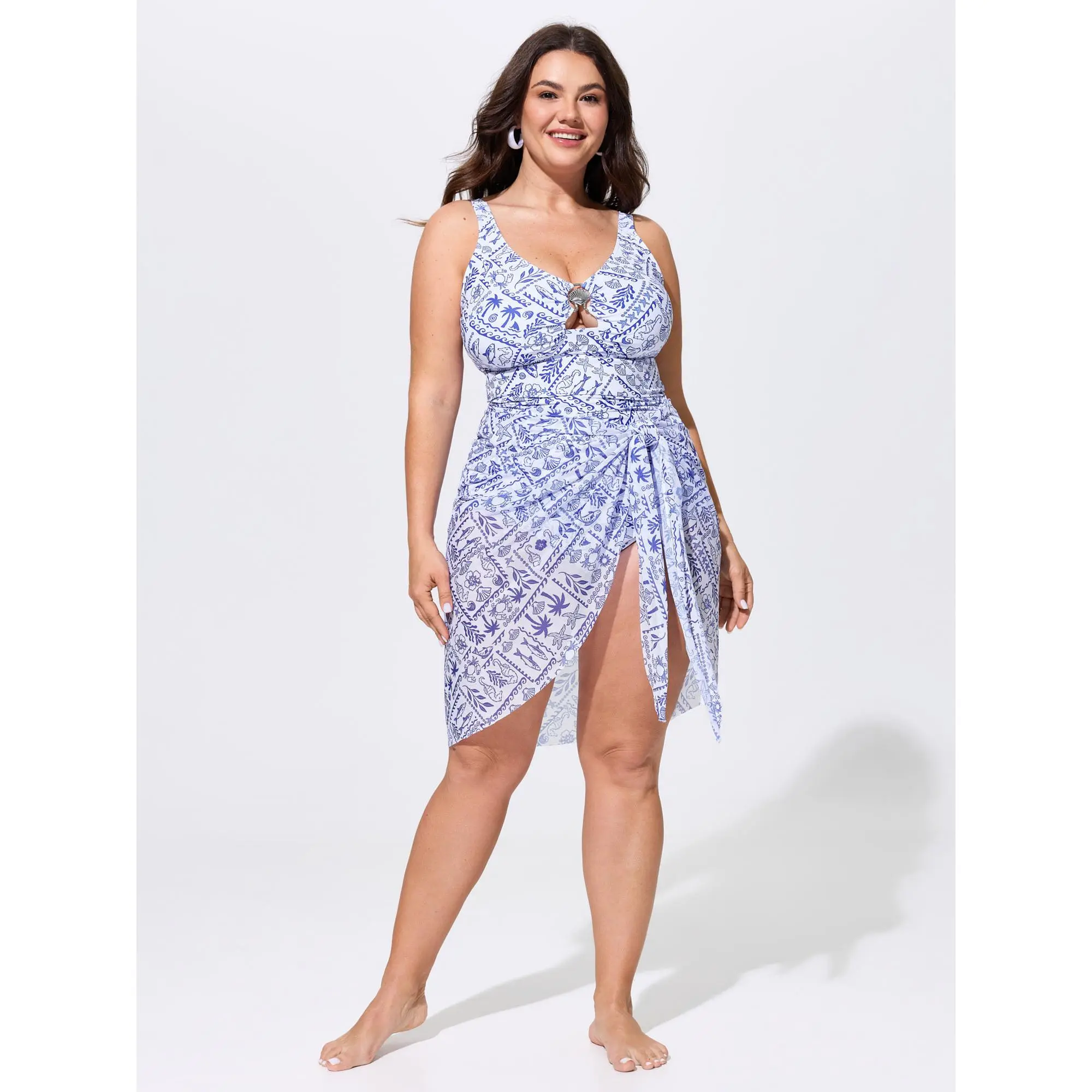 BLOOMCHIC Plus Size Sarong Tie Set Beach Print One-Piece Swim [M-6X] ,Summerfinds