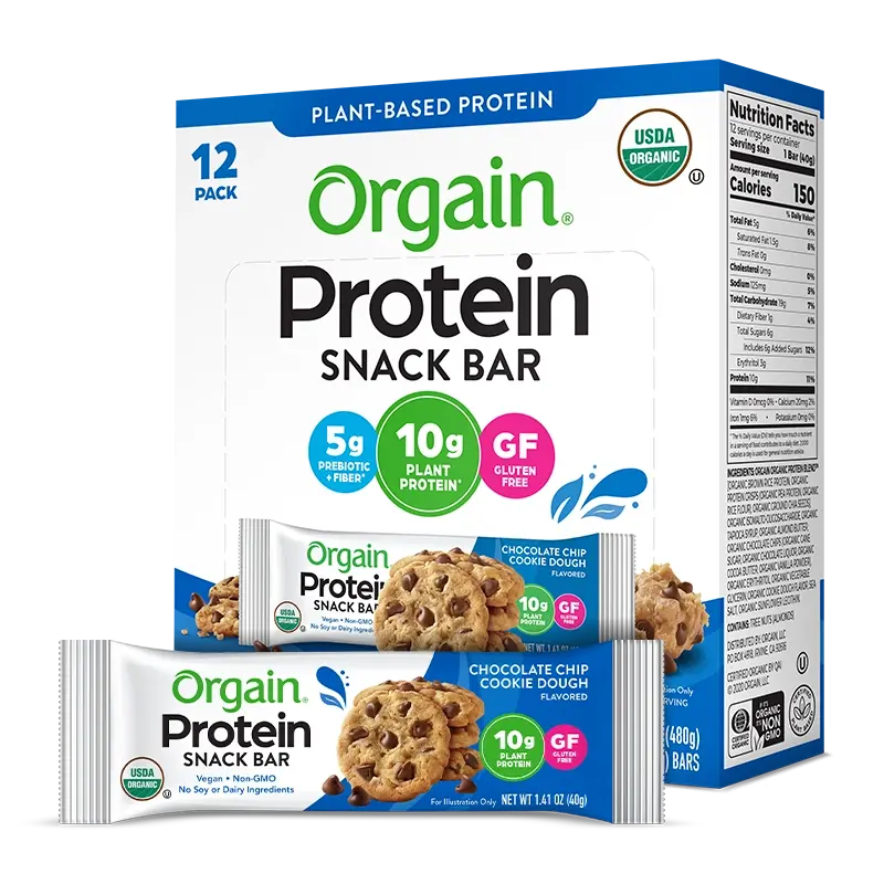 Orgain Organic Protein Bar Chocolate Chip Cookie Dough | 10g Plant Protein | Organic Snack Bar | Gluten Free | USDA Organic | Non-GMO | 12 Count