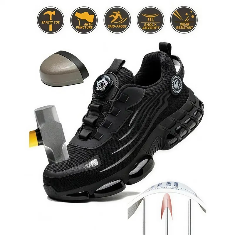 Men's Lace Up Low Top Safety Shoes Anti-Piercing Anti-Smashing with Rotating Button Breathable Contrast Mesh for Outdoor Work & Casual Comfort Steel Toe Workboots