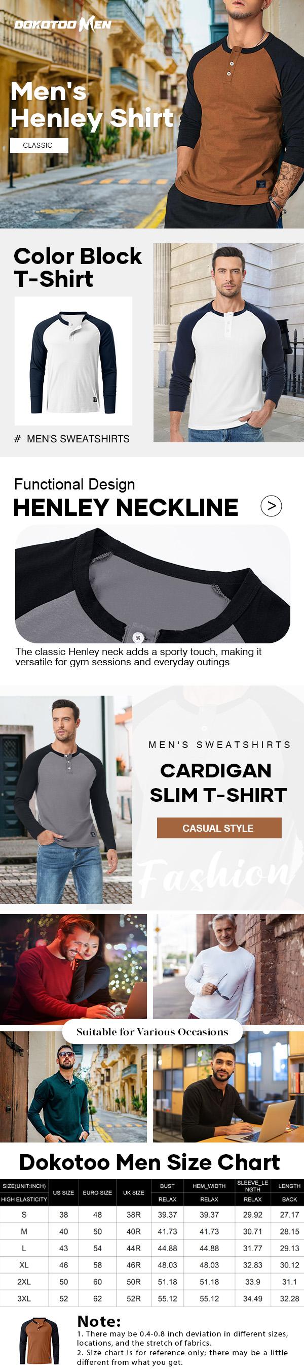 Dokotoo  Men Men's Henley Shirt Fall Crewneck Color Block Slim Fit Long Sleeve TShirts Classic Henley Neckline Modern Color Block Pattern Lightweight Durable Breathable Comfortable Feel