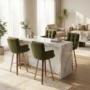 ‌Set of 2 Velvet Bar Stools with Curved Wooden Legs, 360° Swivel, Double-Layer Backrest & Armrests, Counter Height for Kitchen Island, Bar, or Dining Room — Luxurious Soft Upholstery, Sturdy Solid Wood Frame