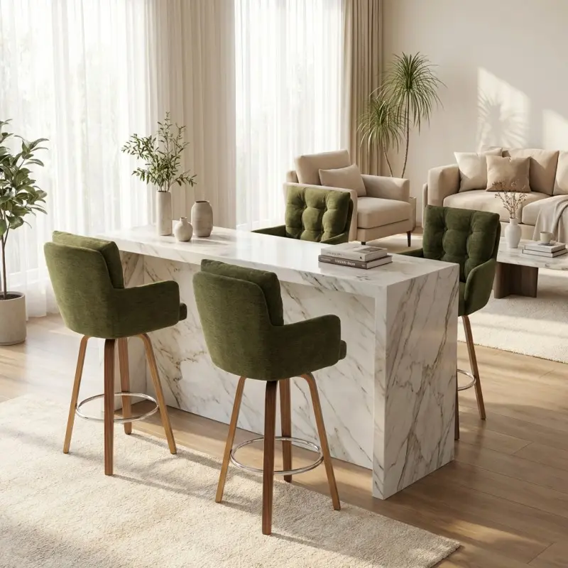 Set of 2 Modern Velvet Upholstered Bar Stools - 360° Rotatable Home Bar Swivel Chairs, Curved Wooden Legs, Double-Layer Backrest & Armrests, Counter Height for Kitchen Island, Sturdy Solid Wood Frame, Soft Fabric Chairs