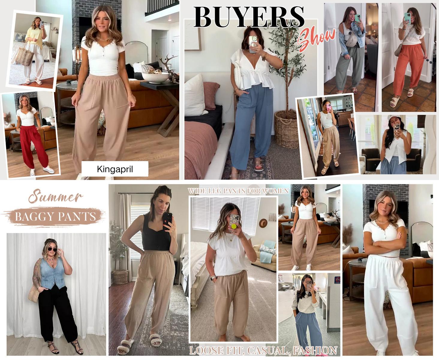 Kingapril Womens Baggy Wide Leg Pants Casual Elastic Waisted Palazzo Harem Pants with Pockets