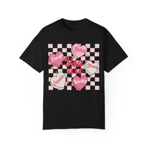 Valentine Heart Candies T-Shirt | Positive Affirmation Tee, Pink Checkerboard