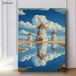 2D Flat, Escher-Inspired Optical Illusion Three Windmills Framed Wall Art - Classic Wooden Border Canvas Print, Ready-to-Hang Indoor Decor for Living Room, Bedroom, Office - Vintage Dutch Landscape Painting, Minimalist Home Decor & Gift Idea (Sprin