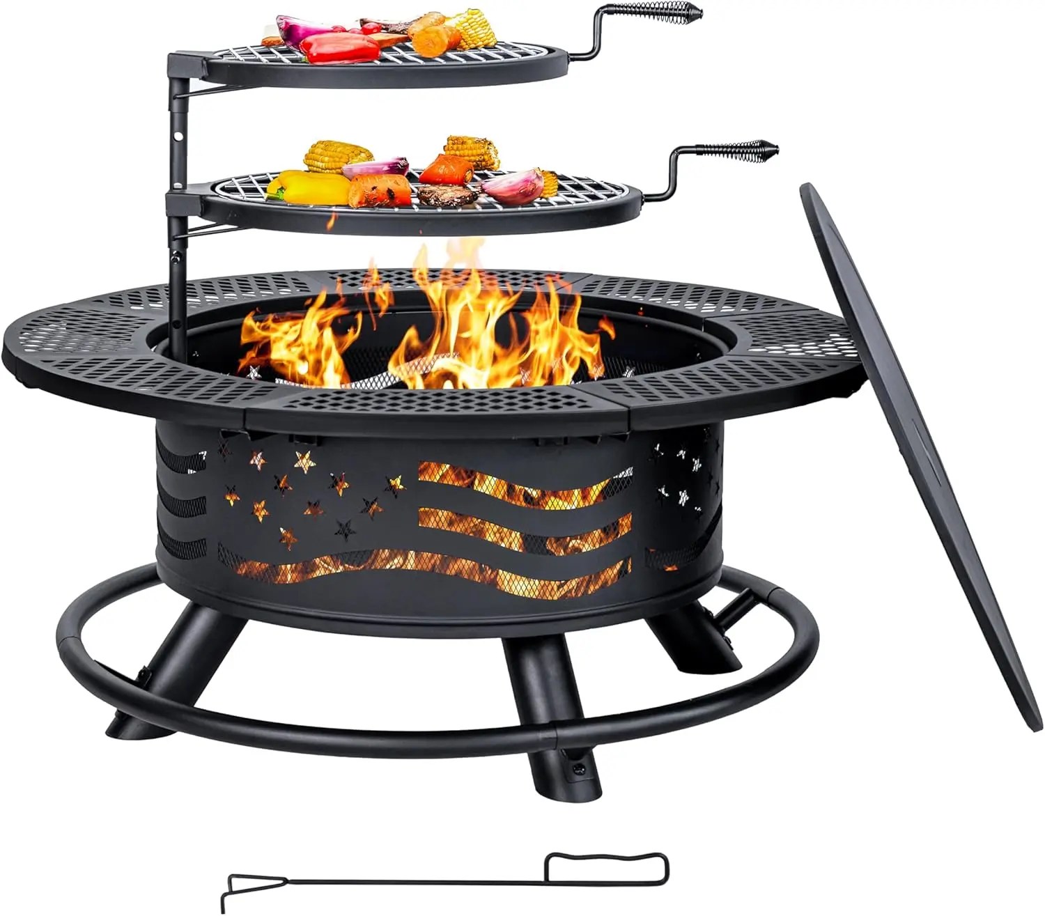 Outvue 36/42/47 Inch Fire Pit with 2 Cooking Grates, Outdoor Wood Burning BBQ Grill Firepit Bowl with Cover Lid, Steel Round Table for Backyard Bonfire Patio Picnic Fire Pit Set