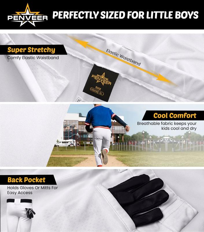 Penveer Pull-Up Youth Baseball Pants, Quarter Open Fly Boys Baseball Pants with Durable Snap & Elastic Bottom, T Ball Pants - (White) Sports Jogger Sweatpants Tracksuit Outfit