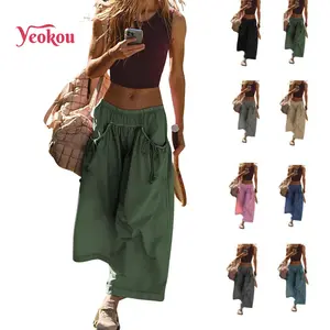 Yeokou Women's Loose Wide Leg Track Pants Boho Sport Style Drawstring Pockets Elastic Waist Capri Hiking Parachute Pants Womenswear Casual