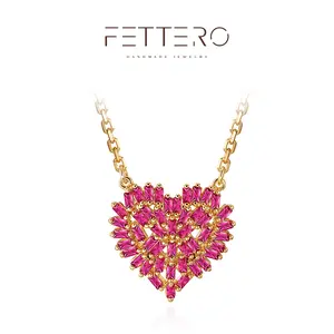 Fettero Dainty Heart Pendant Necklace with Red Corundum & Cubic Zirconia, Gold-Plated Romantic Jewelry Gift