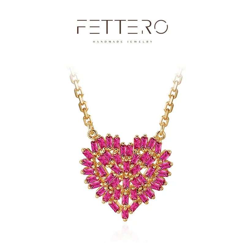 Fettero Elegant Dainty Necklace, Red Corundum & CZ Heart Pendant Stone Set for Women, Adjustable Chain, Anniversary Gift, Romantic Accessories, Corrosion-Resistant