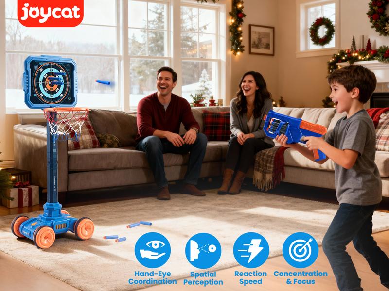 Joycat Sport Toys, 2-in-1 Shooting & Basketball Toy for Kids, Adjustable Height Auto-Moving Shooting Target with Music, Outdoor Indoor Game Compatible with Nerf Gun for Kids, Birthday Chrisrmas Gifts for Boys