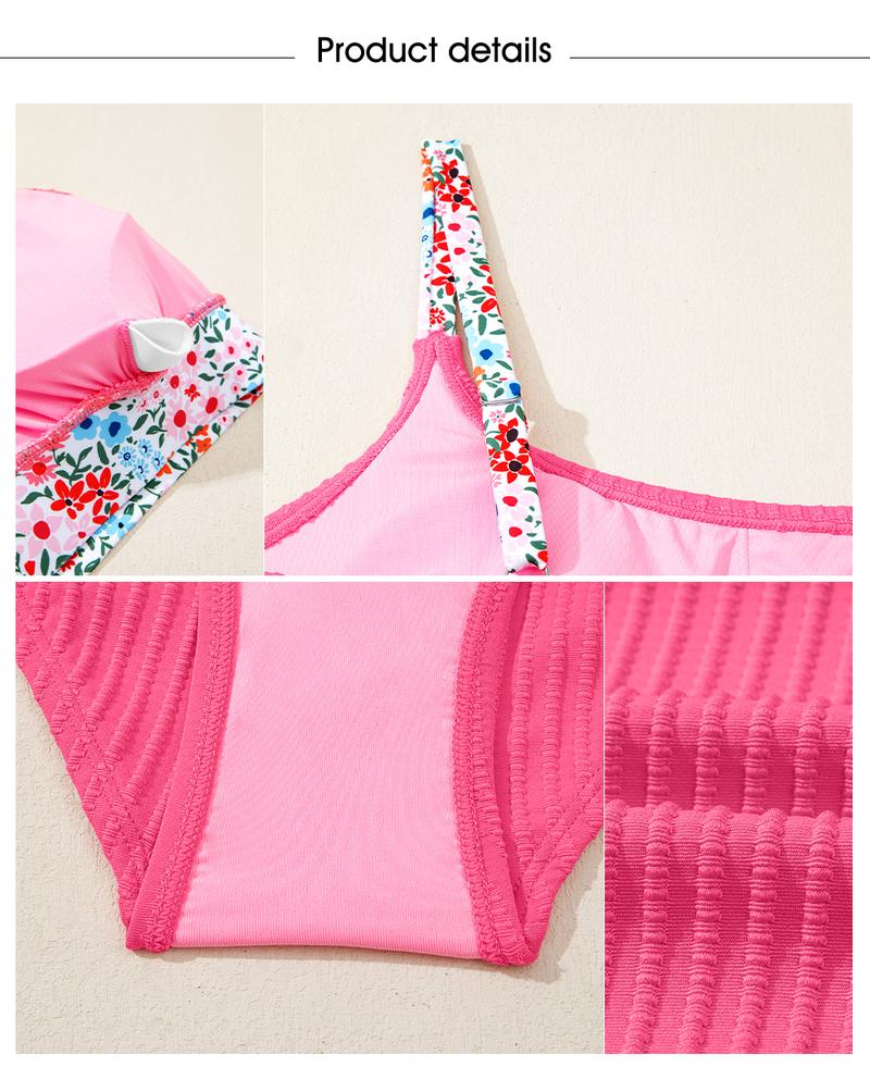 Aleumdr Women's Ribbed Textured High Waisted Bikini Set Floral Trim Two Piece Swimsuit with Adjustable Straps Stretchy Jacquard Fabric Tummy Control Swimwear for Beach Pool and Vacation