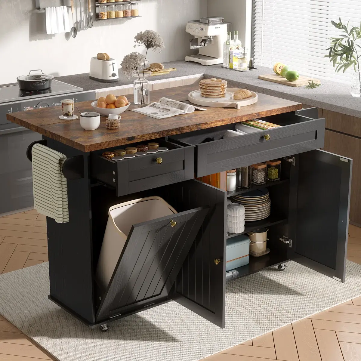 【BackToSchool】ONBRILL 60" Kitchen Island with Power Outlet & Drop Leaf, Kitchen Rolling Island with Spice Rack & Towel Rack, Knife Holder, Kitchen Island Cart with Trash Storage Cabinet, Mobile Island Table for Kitchen