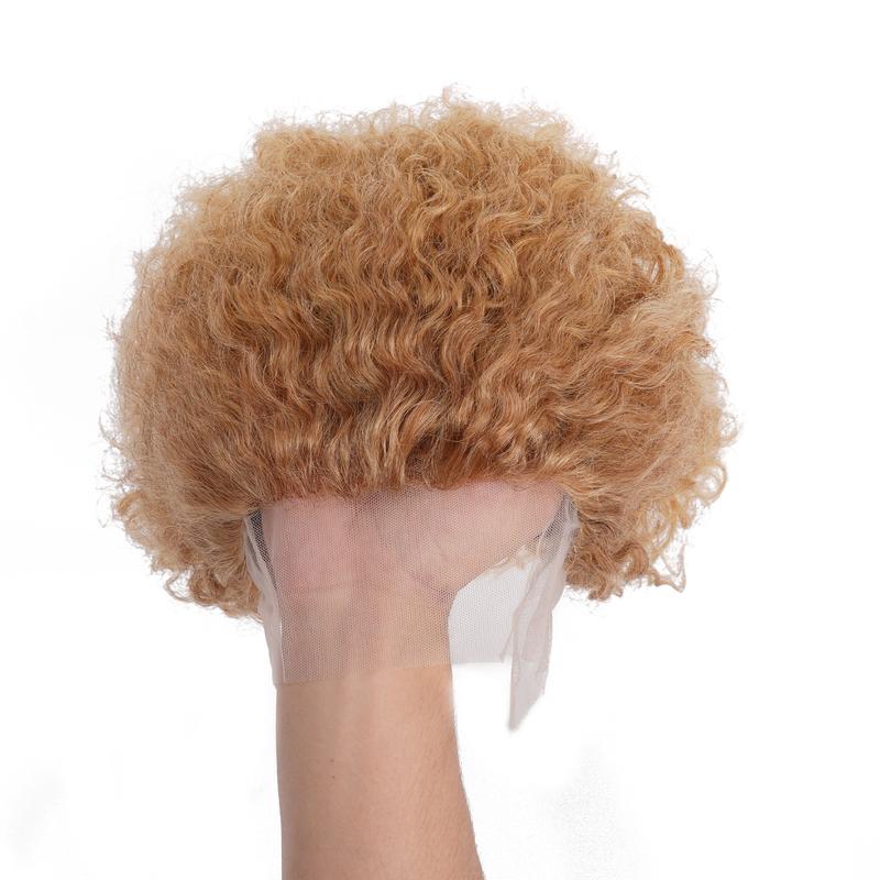 13X1 Curly Lace Front Wig 6 Inch Curly Lace Front Human Hair Wigs - Customized Ginger Blonde Wine red Colored Short Pixie Cut Water Wave Dark Rooted To Ginger Orange Color - 13x1 Transparent Lace Frontal Wigs For Women