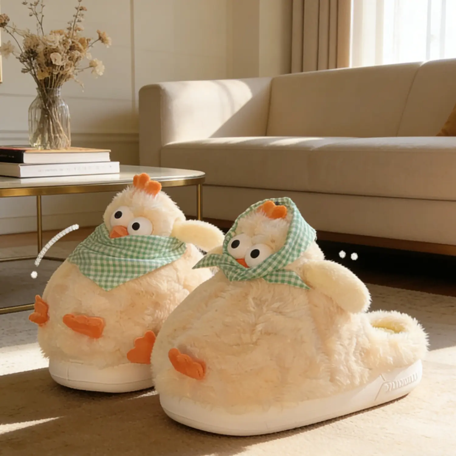Women's Soft Animal Print Farmyard Chicken Slippers - Slip-On Fabric Indoor Shoes, Scarf Detail, TPU Sole, Cute Casual Slides for Cozy Footwear Lovers