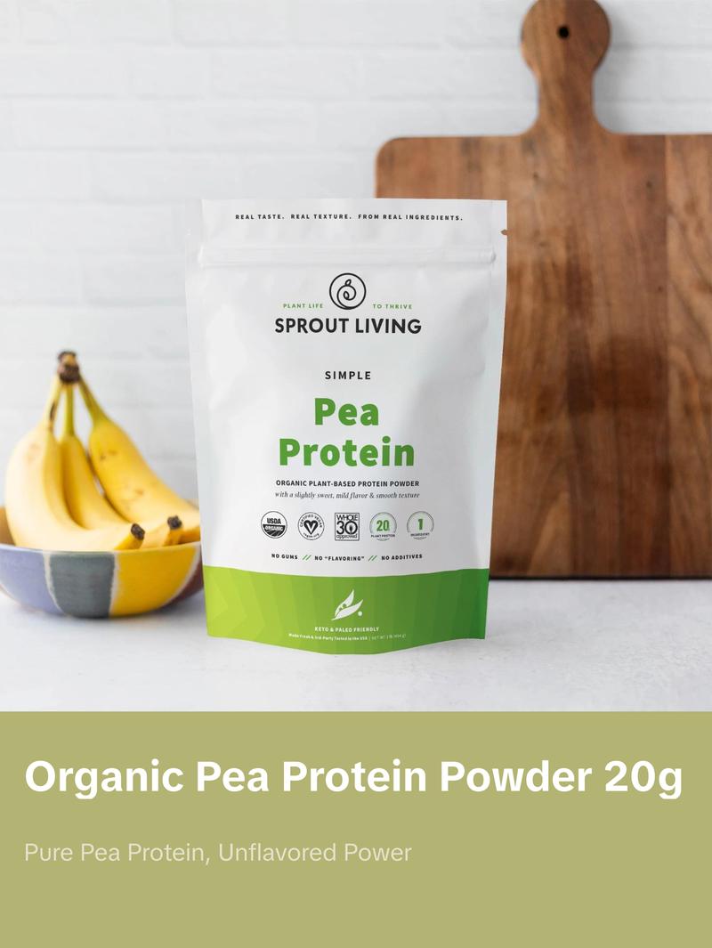 Sprout Living Simple Pea Protein Organic Unflavored Plant-Based Powder 20g Protein Per Serving Hypoallergenic Low FODMAP Keto Paleo Friendly US