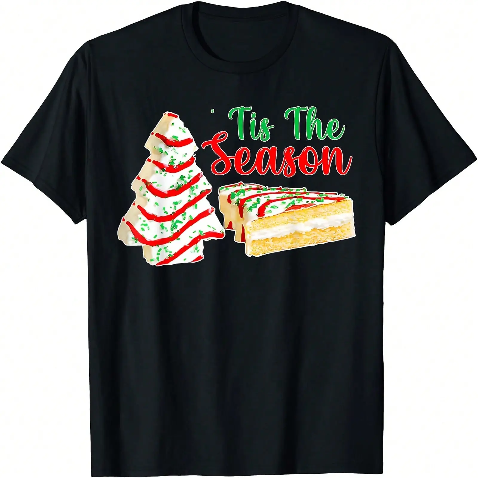 Men's 100% Cotton Casual Short-Sleeve Round Neck T-Shirt - Unisex Korean Preppy Vintage Festive "Little Tis The Season" Christmas Tree Cakes Graphic Menswear Top, Pajamas, Tshirt, Shortsleeve, Streetwear, Vintage Graphic Tees