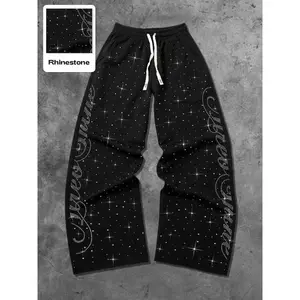 Men's Street Style Straight Leg Sweatpants, Design Sense American Fashion Rhinestone Embroidery, Unisex Casual Pants for Daily Wear