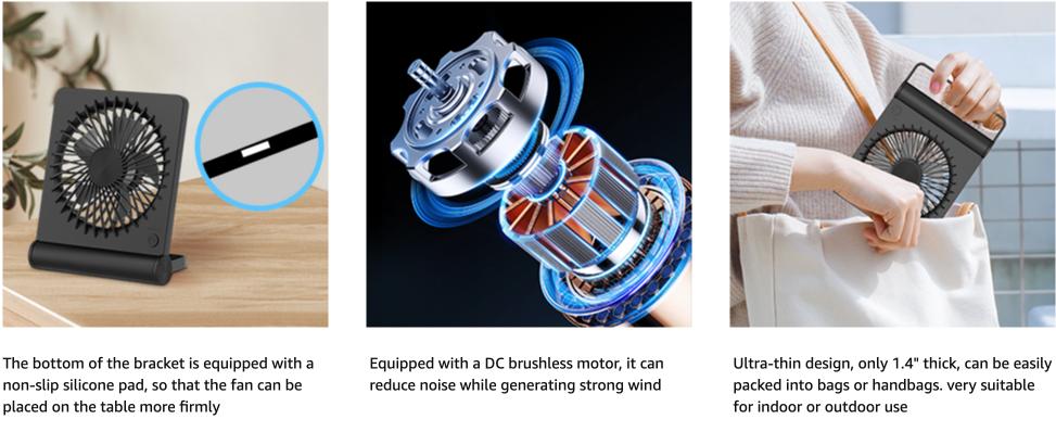 UNIQNOVA Mini Desk Fan with Strong Airflow 220°Tilt Folding Portable Rechargeable 3 Speed Adjustable Ultra Quiet USB Fan for Office Bedroom Outdoor