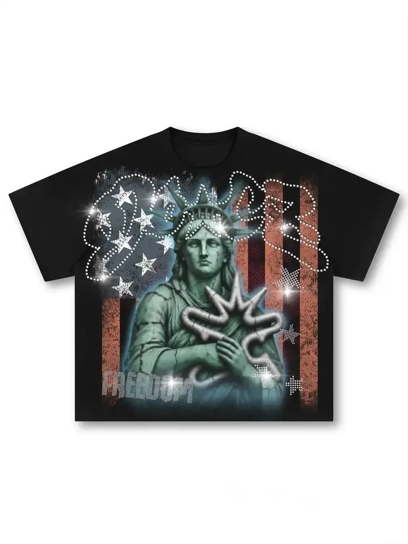 [NO RHINESTONES] Y2K Grunge Statue of Liberty Graphic Tee Oversized Vintage Streetwear T-Shirt Distressed US Flag Freedom Star Print Heavyweight Cotton Drop Shoulder Crewneck Casual Top Gift