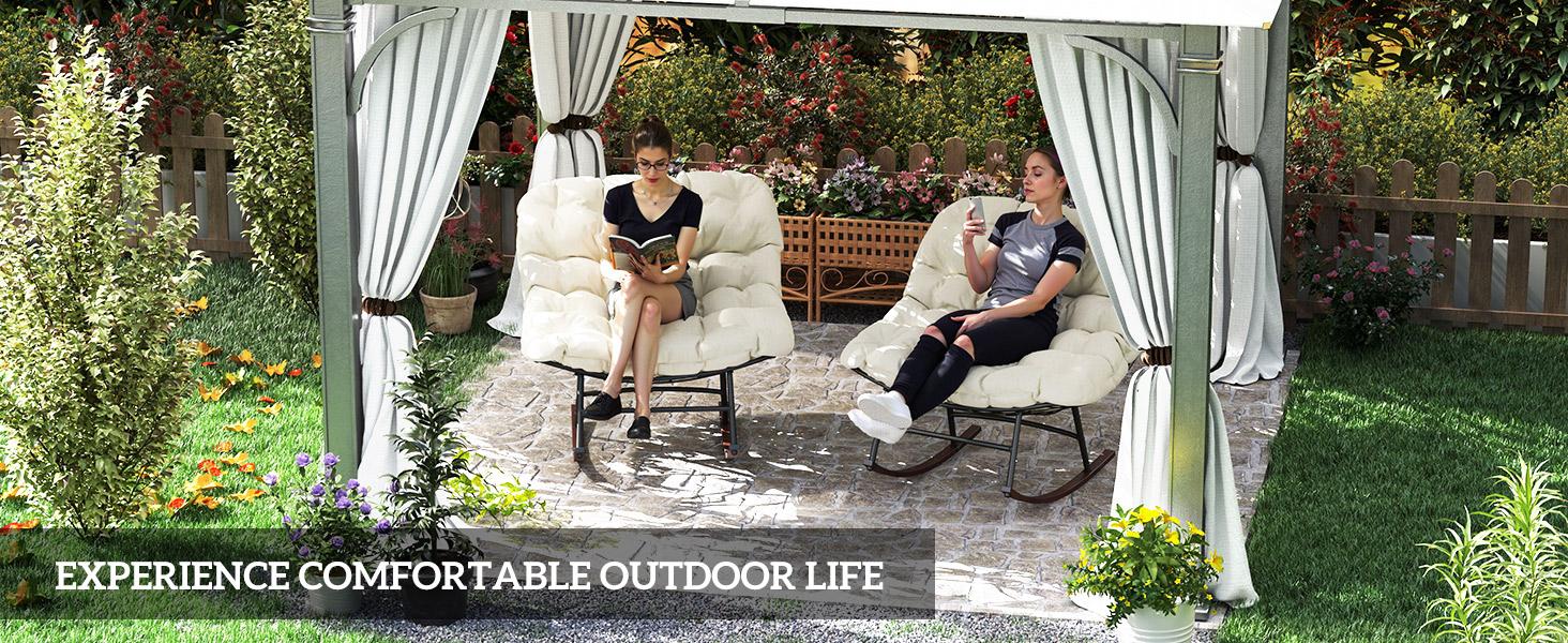 Outsunny Outdoor Rocking Chair Set of 2, Oversized Rocking Papasan Chairs with Cushions, Steel Frame, Comfy Rockers for Patio Porch Lawn Garden, Black