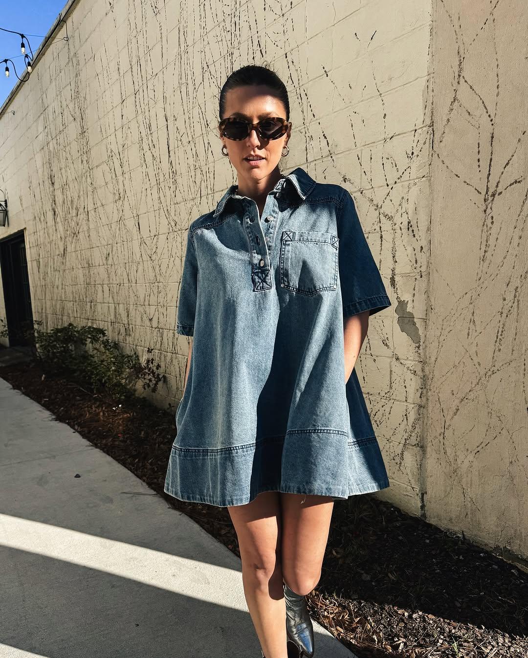 Elengatine Women's Denim Shirt Mini Dress - Short Sleeve A-Line Swing Fit with Button Half-Placket and Chest Pocket, Soft Washed Jean Fabric, Back Yoke with Pleated Detail for Extra Movement & Shape, Easy Throw-On Outfit for Summer Brunch