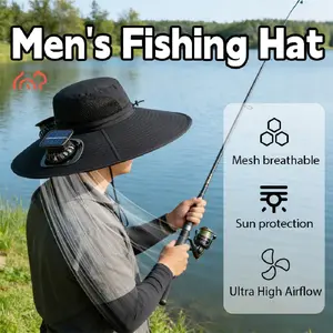 Wide eave solar fan outdoor fishing hat 2 solar fan men's hats with built-in solar fan fishing hat men's fan hat, thermal sensitive worker, lightweight headwear, adjustable hat, reinforced stitching, high-quality textile, cooling hood, summer traveler