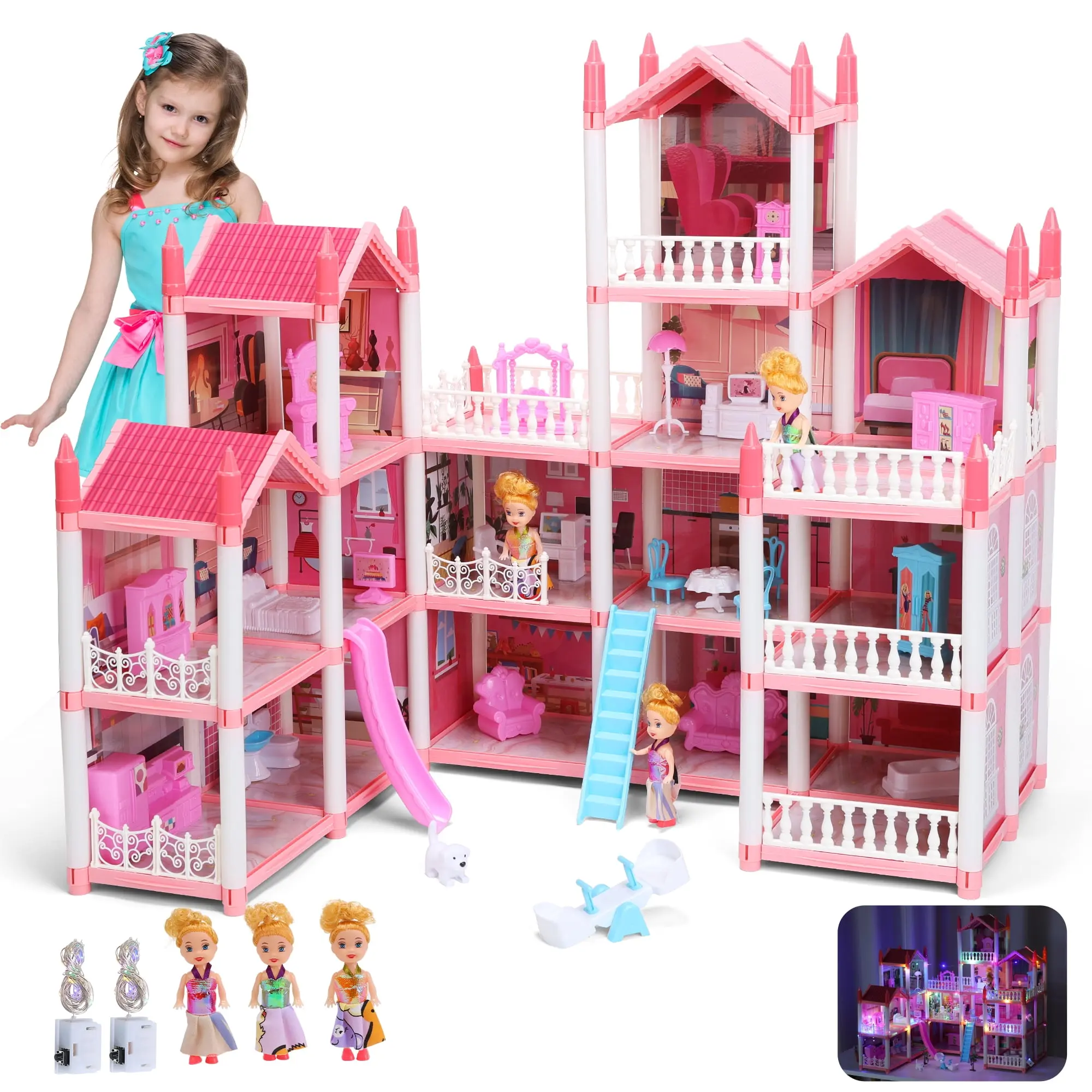 CUTE STONE 16-Room Pink Dollhouse Play House Set for Girls Ages 3+, Kids Toys with Furniture, Accessories, Colorful Lights, 3 Dolls, Role Play Set, Pretend Playhouse, Assembly Required (25in × 18in × 29in), Miniature Houses