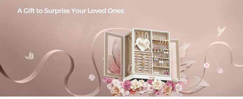 SONGMICS Jewelry Box 360° Rotating, Jewelry Storage Case with 5 Drawers,Glass Window, Spacious, Open Design, Great Gift