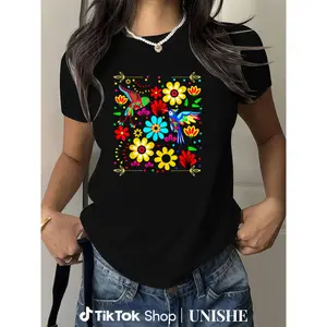 Full Cotton Otomi Tee with Unique Mexican Style Colorful Bird and Floral Prints