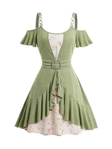 Rosegalette Women’s sage Green Cold Shoulder Ruffle Off-Shoulder Print Mini Dress with Floral Insert, Deep V Neck, Chain Strap & Rhinestone Buckle, Flowy Layered Skirt, Elegant Casual Party Dress
