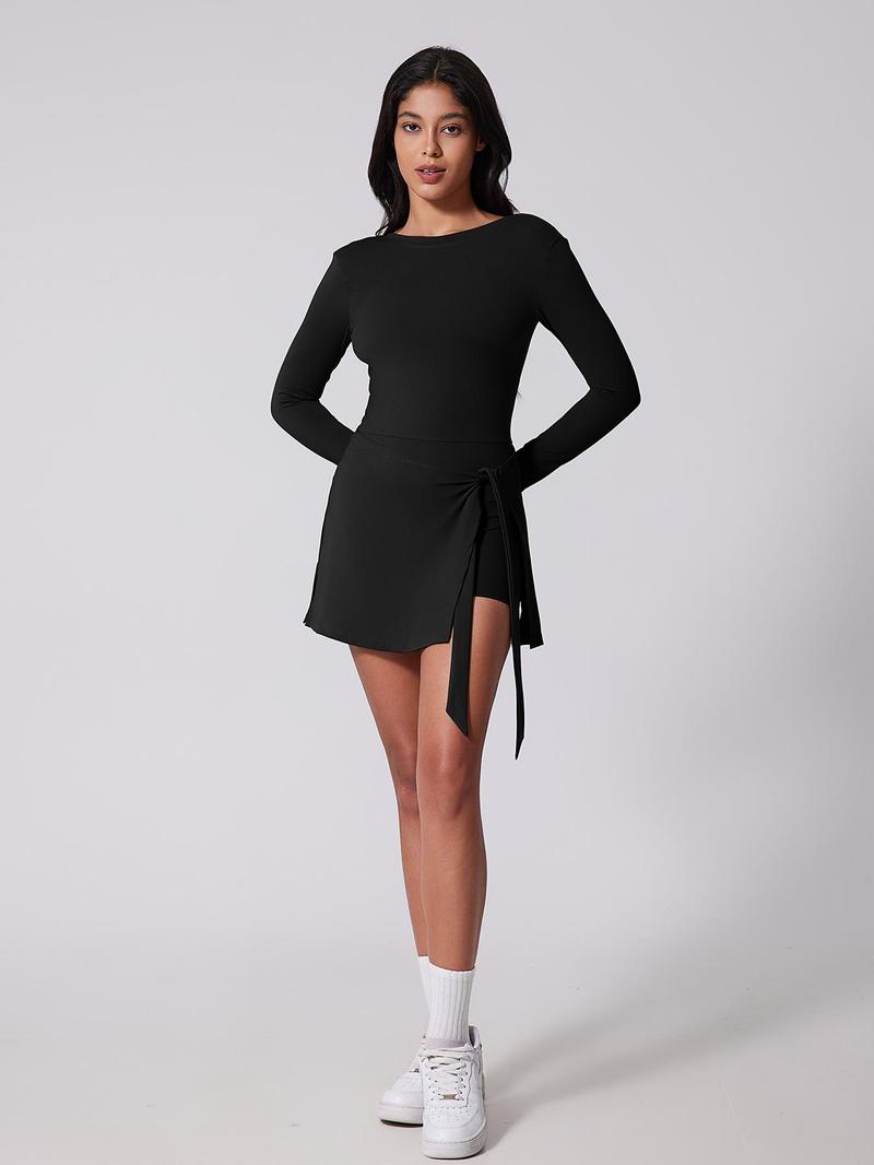 Kabuer Women's Black Long Sleeve Tennis Dress with Ruffle Side Slit & Built-in Shorts for Yoga Golf Athletic Activities Homecoming Dress Activewear Machine Washable High Stretch Knit Fabric