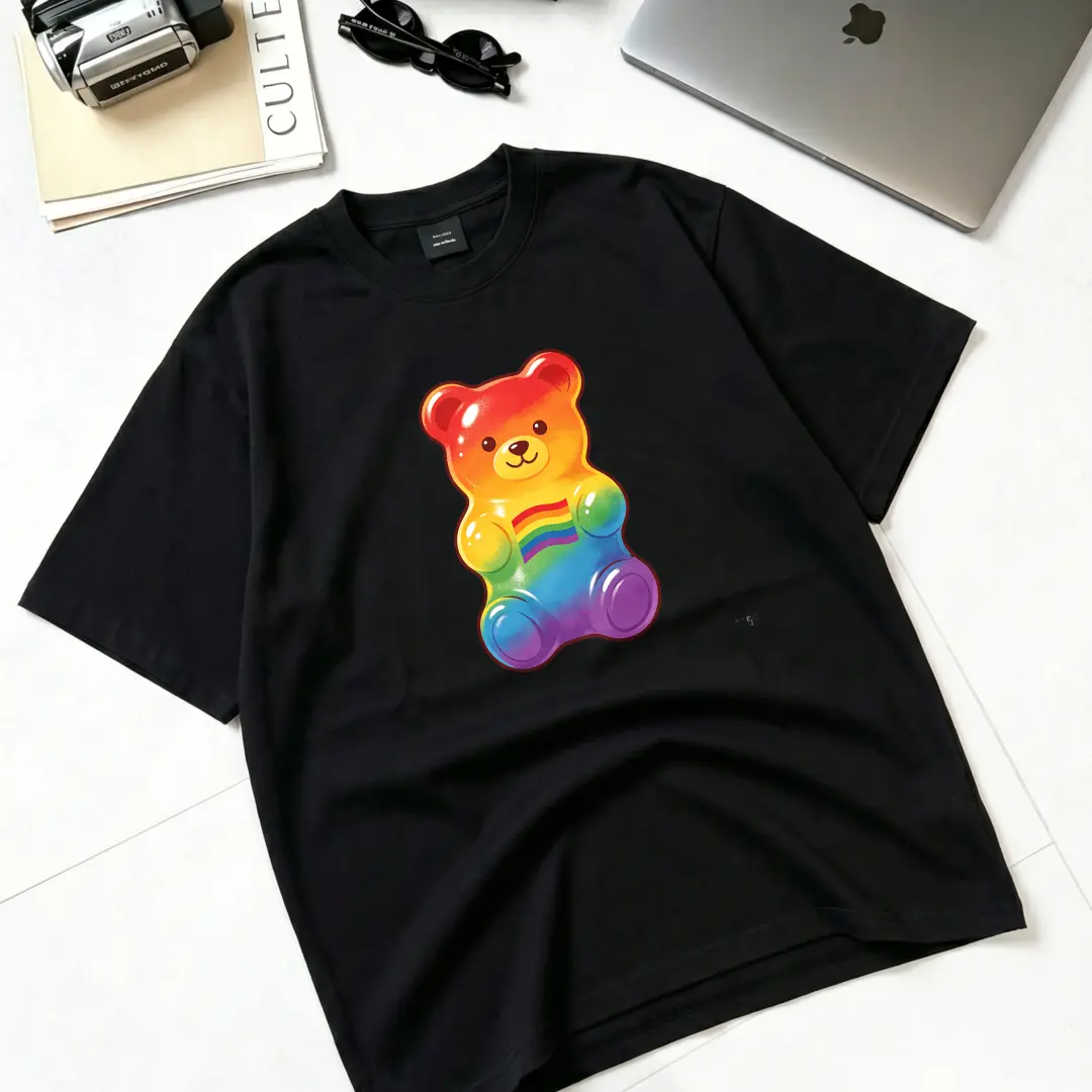 Men's Loose-Fit Cotton Rainbow Gummy Bear Graphic Short-Sleeve T-Shirt - Soft Breathable Unisex Pride Streetwear for Pride Month, S, All Seasons, Chinese New Year, Valentine's Day, Children's Day, Childrens Day