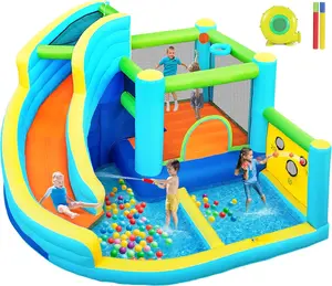 Inflatable Bounce House, Water Slide Park Slide Bouncer with Ball Shooting, Climbing Wall, Jumping and Splash Pool, Kids Bouncy Castle with 450W Air Blower for Outdoor Backyard